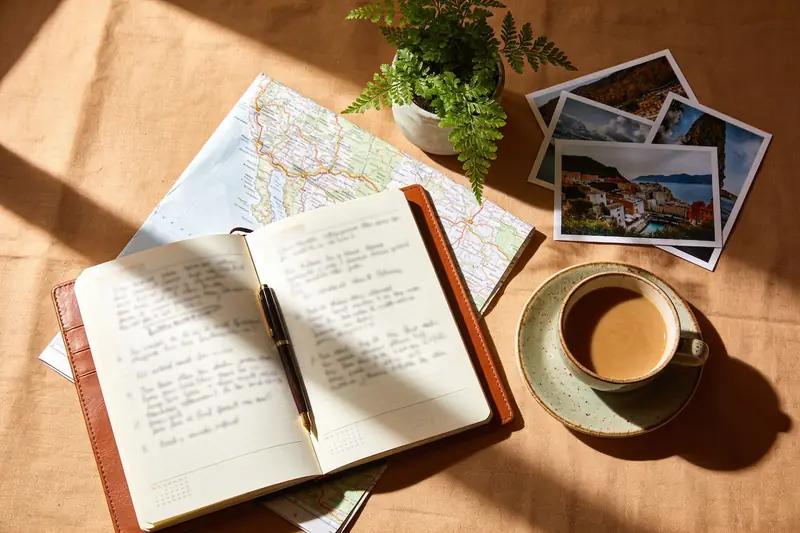 An advisor's desk from above — an open notebook, a folded map, a potted fern and a cup of coffee in morning light