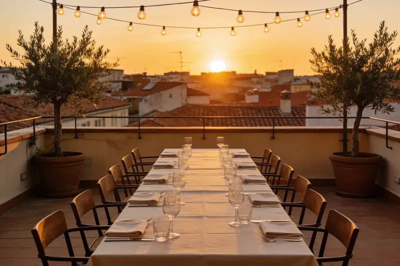 A rooftop terrace laid for a celebration at golden hour, a long table under bistro string lights
