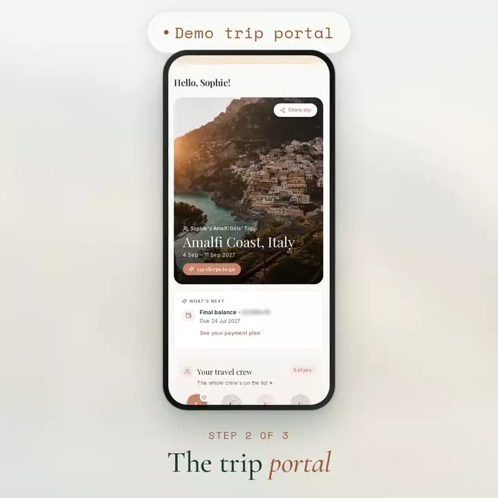 A still from the Fern & Far tour: a phone showing a real trip portal for an Amalfi Coast trip, labelled “Demo trip portal”.