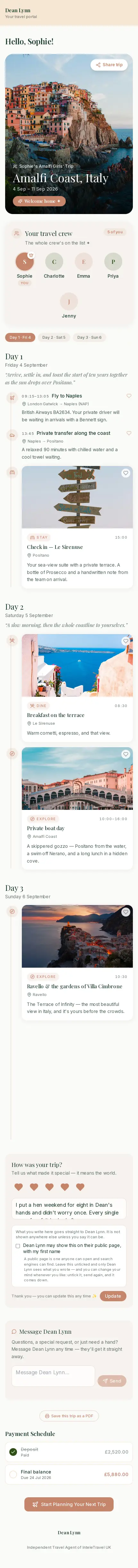 A full client trip portal, scrolling: “Hello, Sophie!”, the Amalfi Coast trip card and countdown, the travel crew, a day-by-day storyboard, tickets and documents on the days they belong to, and a private message line to the advisor.